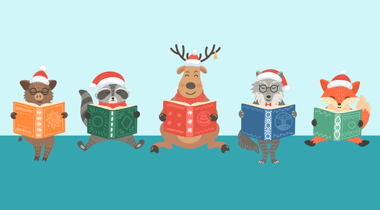 stock.adobe.com/463111324 | Christmas. Animals in Christmas hat read books. Children's xmas vector illustration. Kids' library concept. Storytime. | N.Savranska