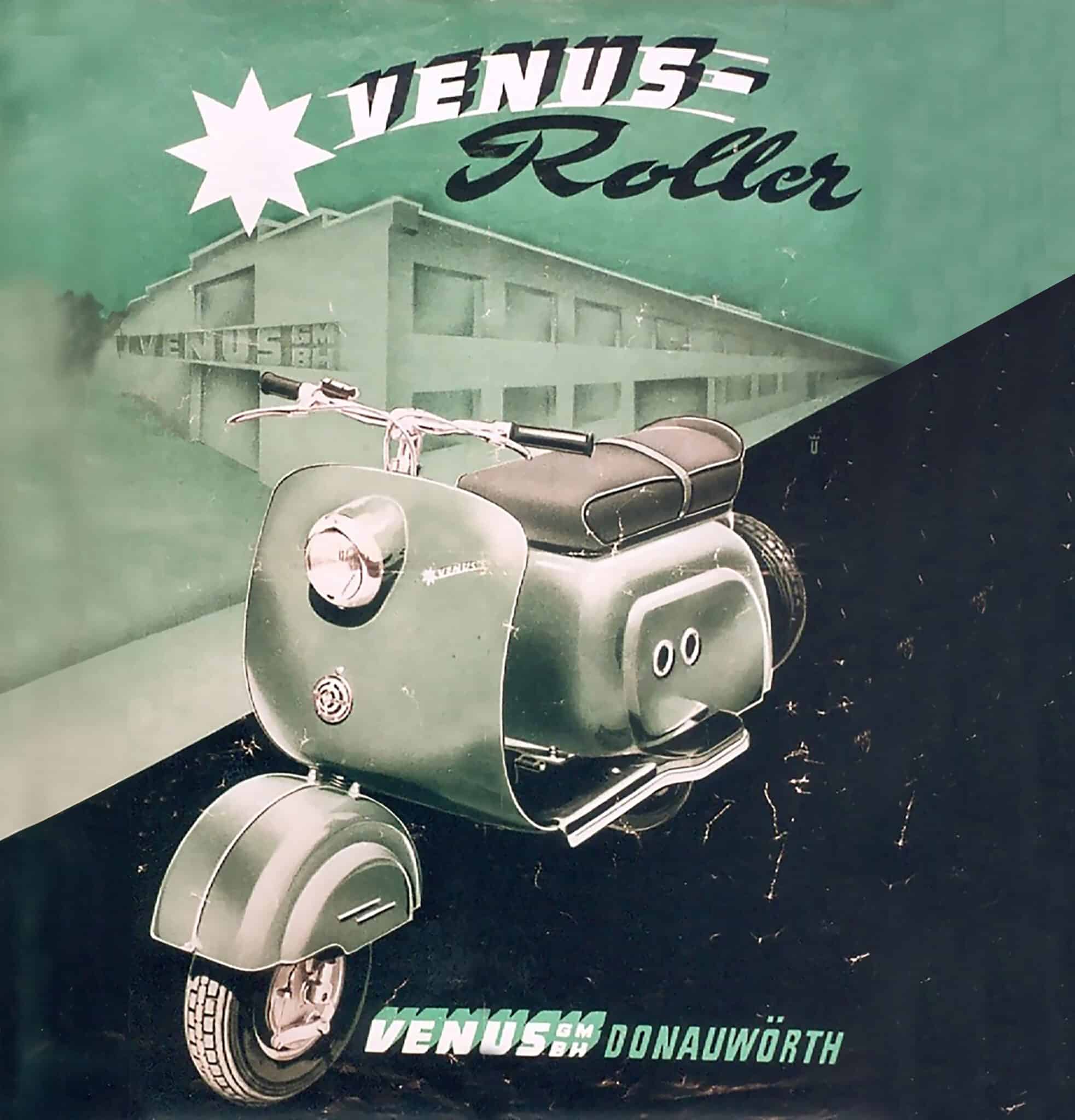 Historisches Werbeplakat mit Motorroller "Venus-Roller" und Fabrikgebäude im Hintergrund